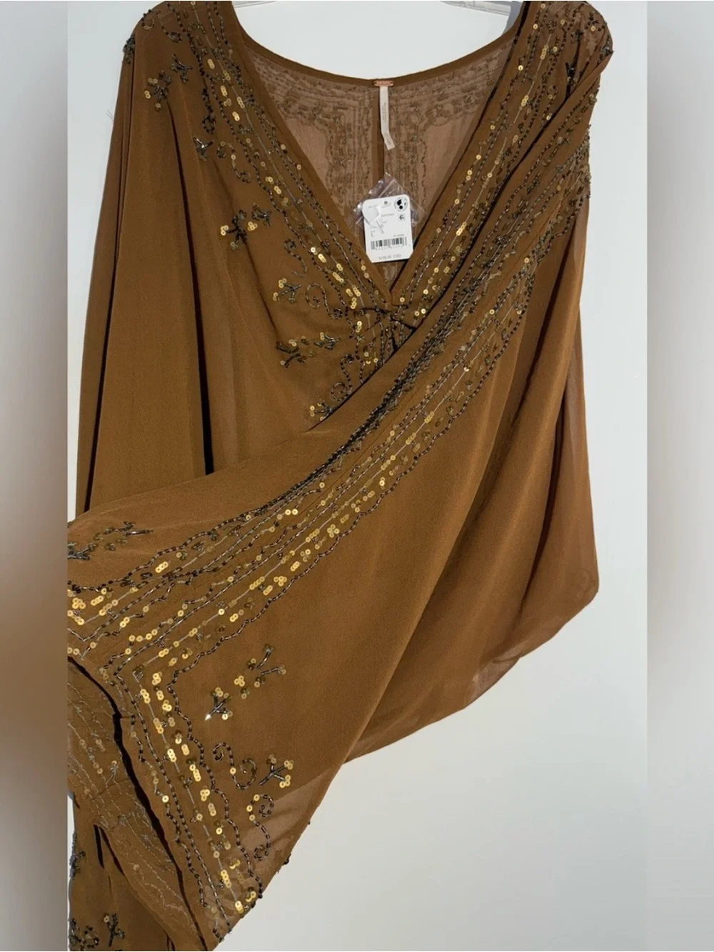 NWT Free People Brown Beaded Calla Embellished Cape Western Top - Picture 9 of 13